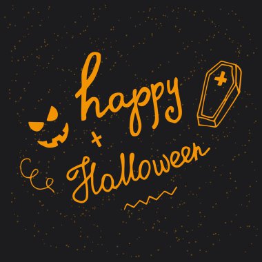 Korkutucu yüz, tabut ve el yazı ifade mutlu Halloween ile çizilmiş kart el.