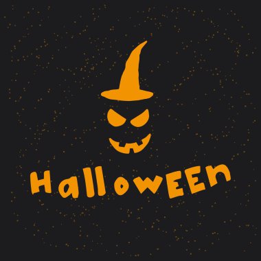 Korkutucu yüz ve el yazı ifade mutlu Halloween ile çizilmiş kart el.