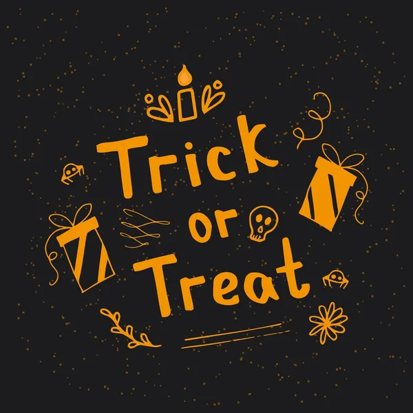 Carte dessinée à la main avec le crâne, le cadeau et le lettrage à la main Trick or Treat . — Image vectorielle