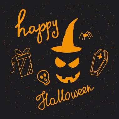 Korkutucu yüz, tabut, bugünü, kafatası ve el yazı ifade mutlu Halloween ile çizilmiş kart el.