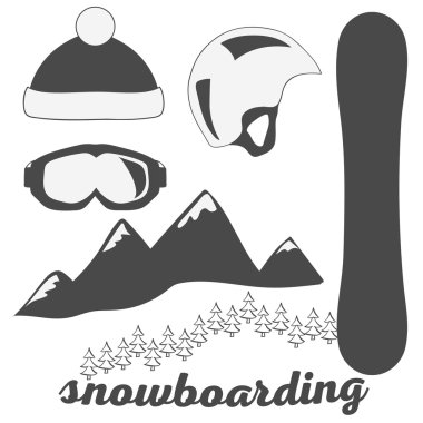 Snowboard ekipman kümesi. Vektör çizim.