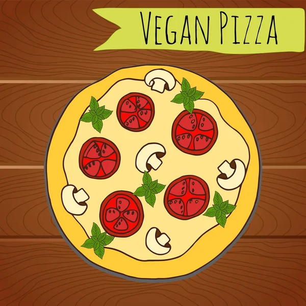 Pizza Vegan na mesa de madeira. Ilustração vetorial . —  Vetores de Stock