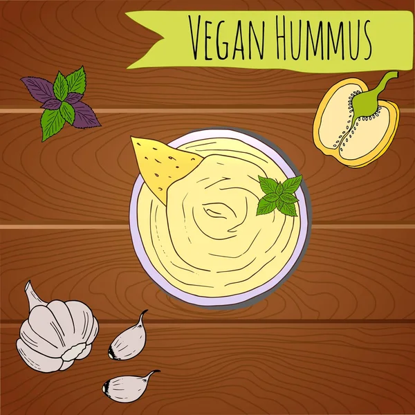 Hummus vegano sobre mesa de madera. Ilustración vectorial — Vector de stock