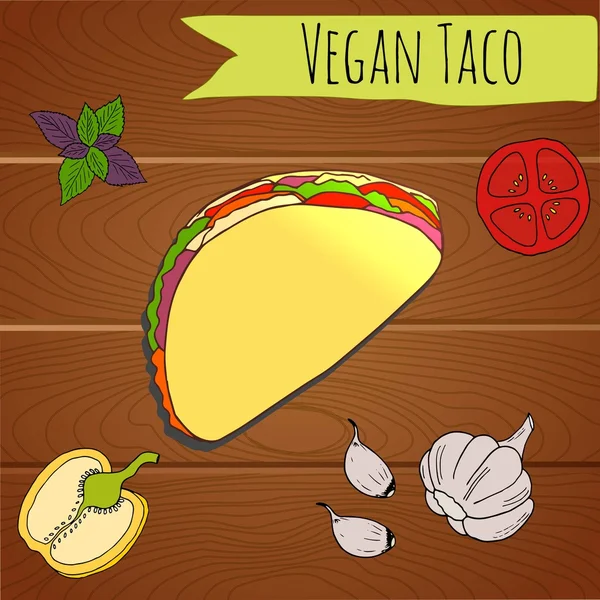 Taco vegano sobre mesa de madera. Ilustración vectorial . — Vector de stock