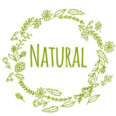 Vegan ürün etiketi. Dünya vejetaryen günü. Elle çizilmiş rustik çerçeve çiçek ve yaprakları ile. Tipografi tasarımı. Doğal.