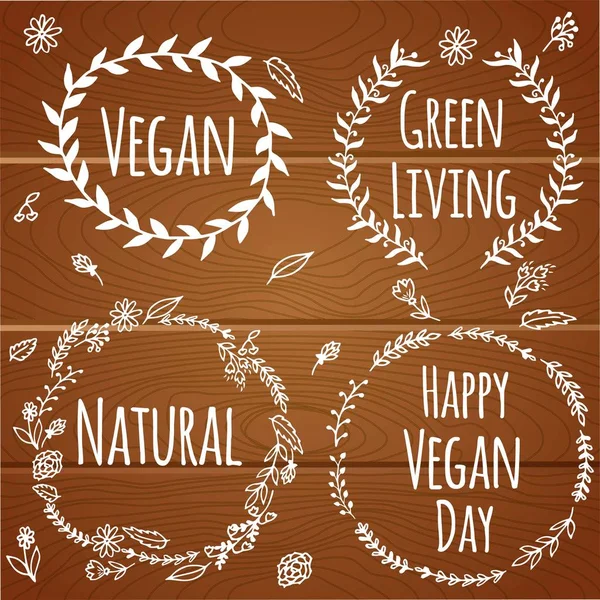 Etiqueta del producto vegano. Día mundial vegano. Marco rústico dibujado a mano con flores y hojas sobre fondo de madera. Diseño tipográfico. Vegano . — Vector de stock