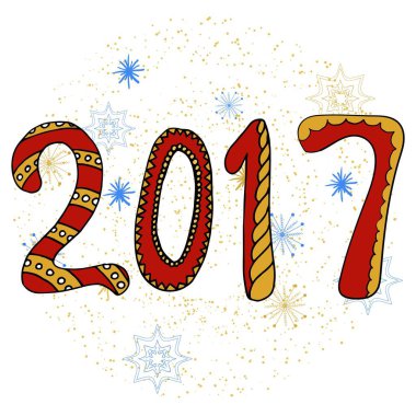 Mutlu yeni yıl 2017 kutlama numarası. Elle çizilmiş yeni yıl numaraları doodle tarzı.