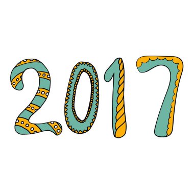 Mutlu yeni yıl 2017 kutlama numarası. Elle çizilmiş yeni yıl numaraları doodle tarzı.