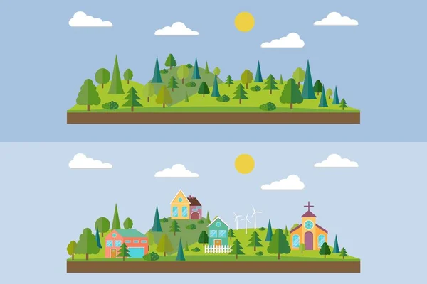 Uppsättning av två illustration. Vilda skogen i platt stil. Eco village i platt stil. Sommaren skog i platt stil. Vektorillustration. — Stock vektor