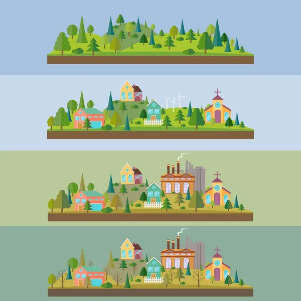 Uppsättning av fyra illustration. Vilda skogen i platt stil. Eco village i platt stil. Eco village med växt- eller fabriksbyggnad i platt stil. Miljöföroreningar. Vektorillustration. — Stock vektor