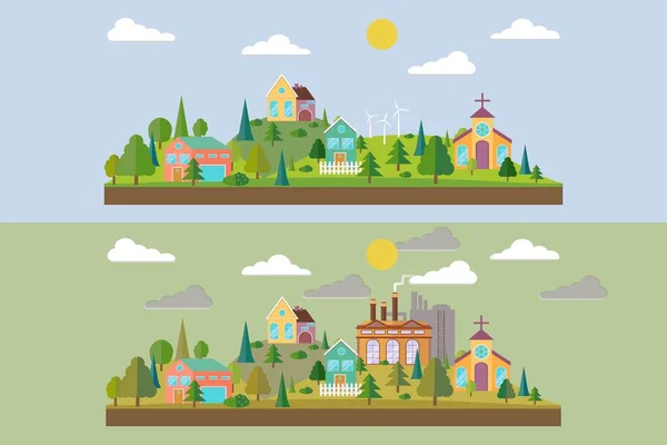 Uppsättning av två illustration. Eco village med växt- eller fabriksbyggnad i platt stil. Sommaren skog i platt stil. Miljöföroreningar. Vektorillustration. — Stock vektor