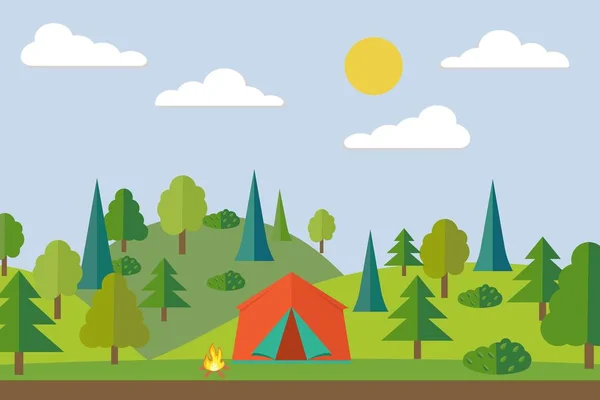 夏のキャンプ。森でキャンプをします。キャンプ テント。フラット スタイルの図. — ストックベクタ