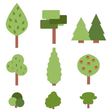 Farklı ağaçlarda düz Stil kümesi. Düz tasarım. Vektör çizim.