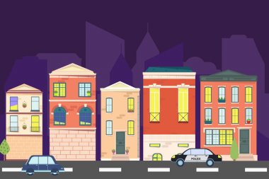 Gece şehir manzarası. Kentsel peyzaj düz tarzı. Vektör çizim.