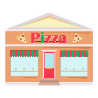Pizza restoran cephe. Fast food Restoran düz stilde önden görünümü. Vektör çizim.