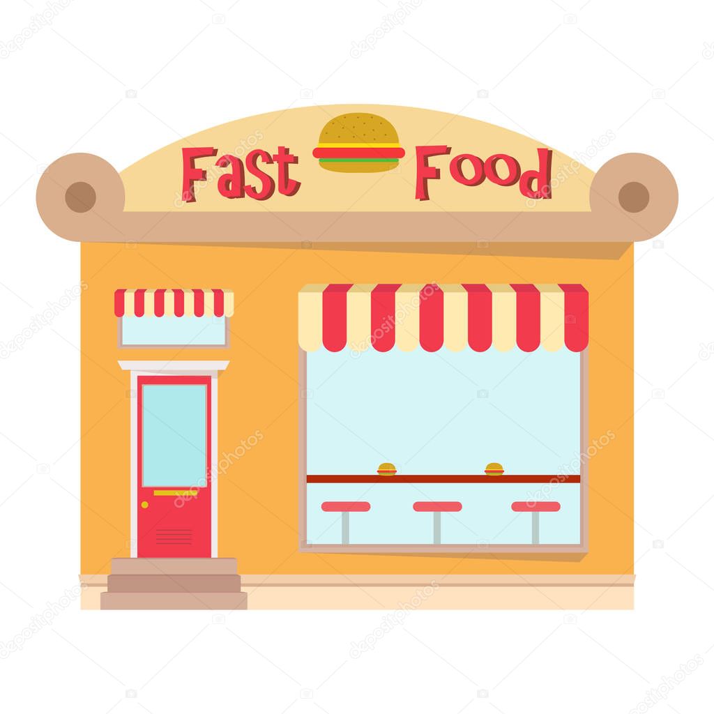 Fast food restaurant facade. Front view of fast food restaurant in flat style. Vector illustration.