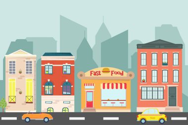 Şehir manzarası ile Web banner. Şehir manzarası. Kentsel peyzaj düz tarzı. Fast food Cafe şehirde. Vektör çizim.