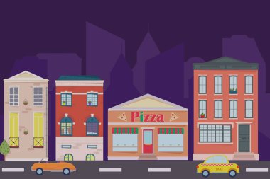 Gece şehir manzarası. Kentsel peyzaj düz tarzı. Vektör çizim.