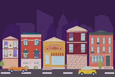 Gece şehir manzarası. Kentsel peyzaj düz tarzı. Vektör çizim.