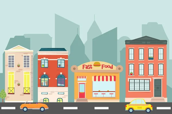 Şehir manzarası ile Web banner. Şehir manzarası. Kentsel peyzaj düz tarzı. Fast food Cafe şehirde. Vektör çizim.