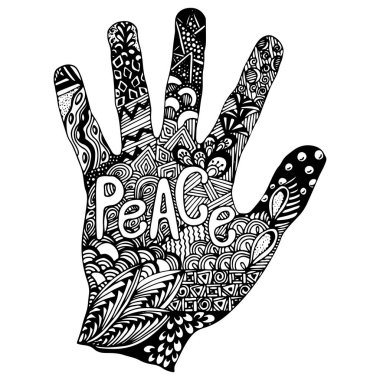 Detaylı elle çizilmiş doodle logo. Barış kitabe ile doodle tarzında el. Çiçek desenli doodle tarzı. Vektör çizim.