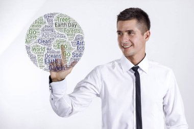 Dünya günü - genç işadamı dokunmadan kelime bulutu