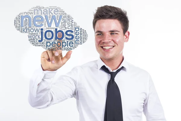 Θέσεις εργασίας - νέος επιχειρηματίας αγγίζοντας σύννεφο λέξεων — Φωτογραφία Αρχείου