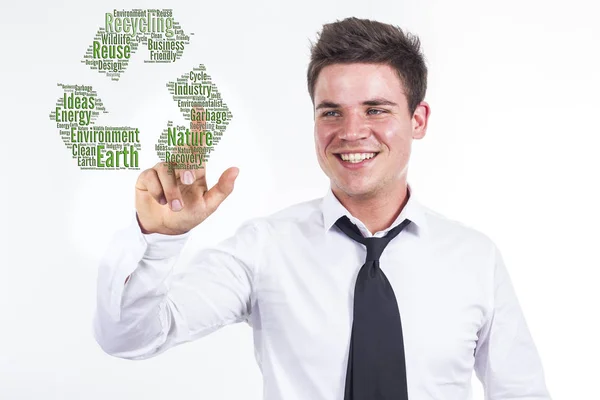 Reciclagem - Jovem empresário tocando nuvem de palavras — Fotografia de Stock