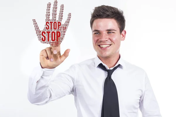 Stop - mladý podnikatel dotýká slovo mrak — Stock fotografie