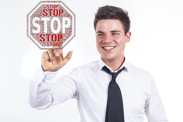 Stop - fiatal üzletember, szó felhő megható — Stock Fotó