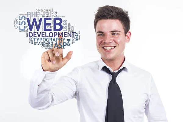 Projektowanie stron internetowych - młody biznesmen dotykając słowo cloud — Zdjęcie stockowe