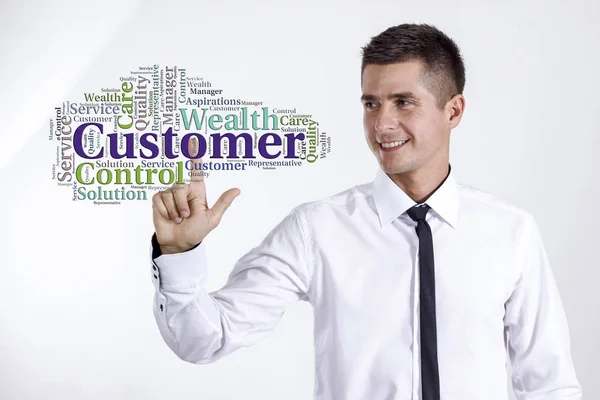 Klienta - młody biznesmen dotykając słowo cloud — Zdjęcie stockowe
