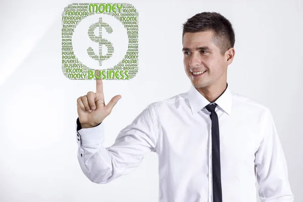 Sinal de dólar - Jovem empresário tocando nuvem de palavras — Fotografia de Stock