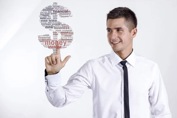 Знак долара - молодий бізнесмен торкається хмари слів — стокове фото