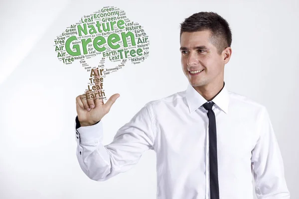 Zöld fa - fiatal üzletember, szó felhő megható — Stock Fotó