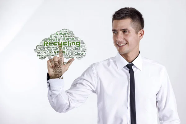 Reciclagem - Jovem empresário tocando nuvem de palavras — Fotografia de Stock