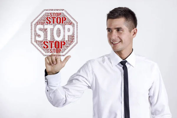 Stopp - Jungunternehmer berührt Wortwolke — Stockfoto