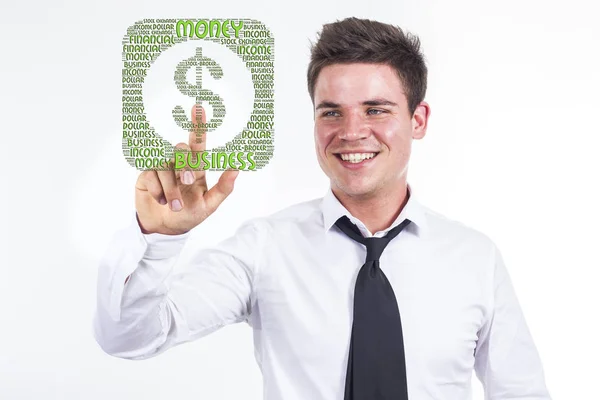 Σύμβολο δολαρίου - νέος επιχειρηματίας αγγίζοντας σύννεφο λέξεων Royalty Free Εικόνες Αρχείου