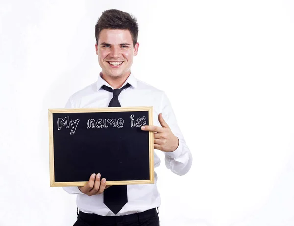 Meu nome é: - Jovem sorridente empresário segurando quadro com — Fotografia de Stock