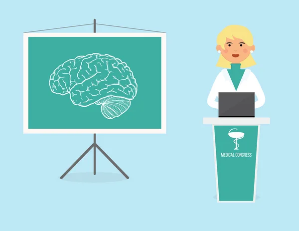 Kvinnliga läkare talar om hjärnans struktur. Neurologi konferens konceptuell illustration — Stock vektor