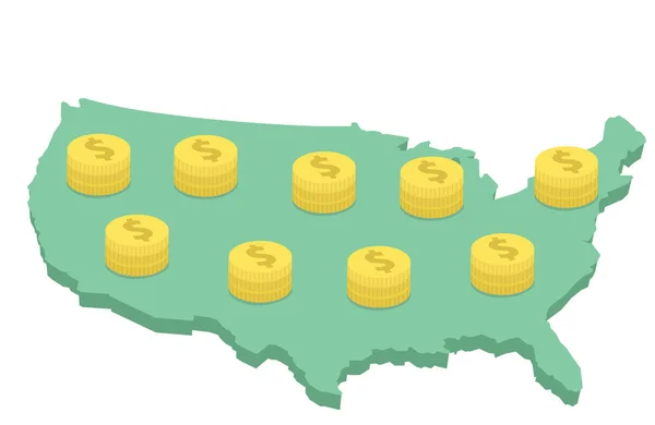 美国经济。钱硬币上美国地图矢量图 — 图库矢量图片