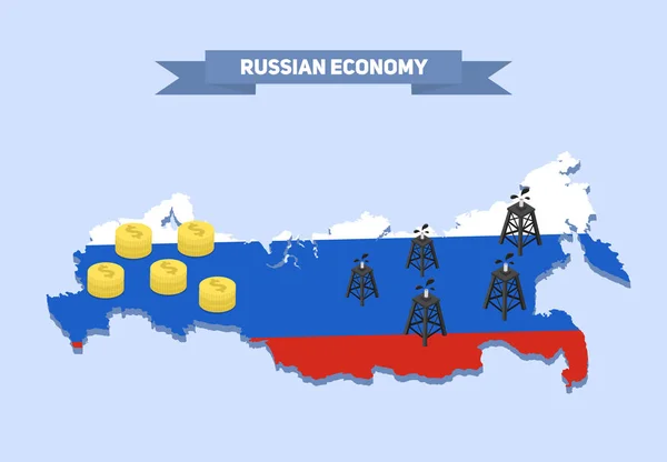 러시아 자원 경제학 그림입니다. 오일 derricks와 돈 동전 벡터 러시아 지도. — 스톡 벡터