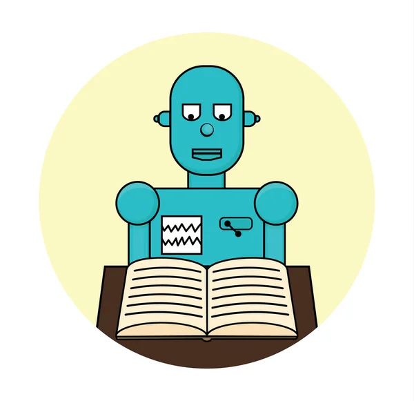 Green robot is reading a book on yellow background flat line vector illustration — Stock Vector