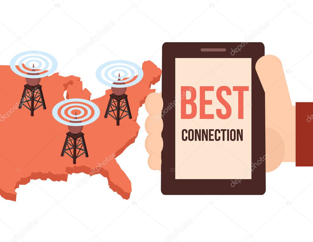  Isometric cell phone towers on vector map with hand holding mobile phone