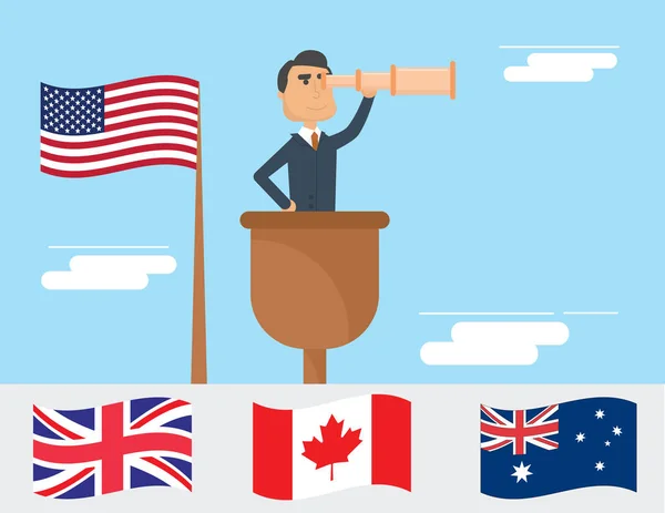 นักธุรกิจบนเรือกําลังมองในกระจกสเปกตรัมกับเวกเตอร์ สหรัฐอเมริกา, อังกฤษ, แคนาดาและออสเตรเลียธง — ภาพเวกเตอร์สต็อก