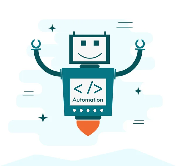 Coding Automation konzeptionelle Illustration. fliegender Roboter mit Programmierschild auf dem Bildschirm. — Stockvektor