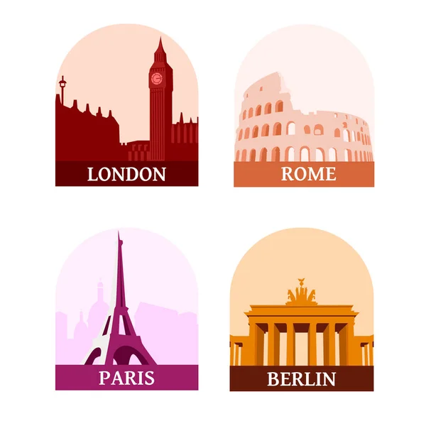 Látnivalók a híres európai városok utazás: London, Párizs, Berlin és Róma — Stock Vector