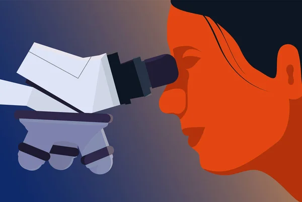 Ilustracja badań medycznych. Kobieta naukowiec patrzy się pod mikroskopem — Wektor stockowy