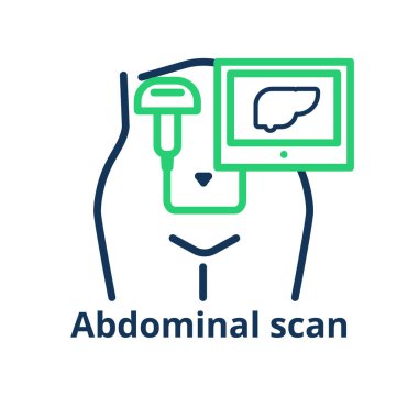 Abdominal scan icon. Illustration of the female tummy with ultrasound probe capturing the liver clipart