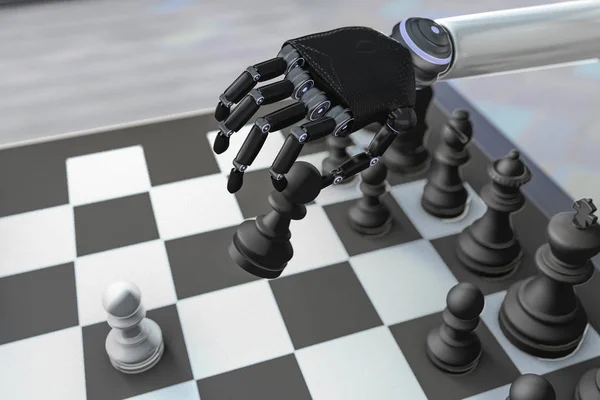 A robot plays chess